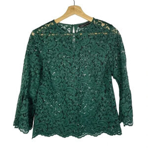 Zara Forest Green Sheer Lace Long Sleeve Top S